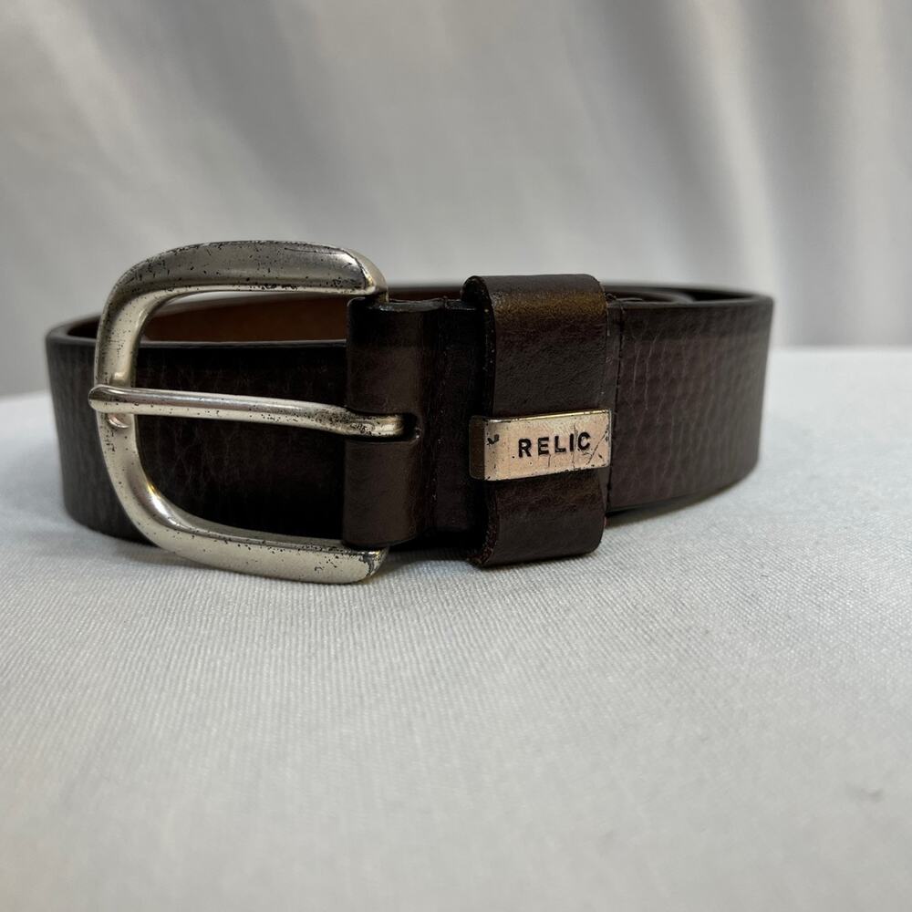 Relic Leather Belt Men's Small Dark Brown 32 x 1 3/8" Silver Tone Buckle Pebbled